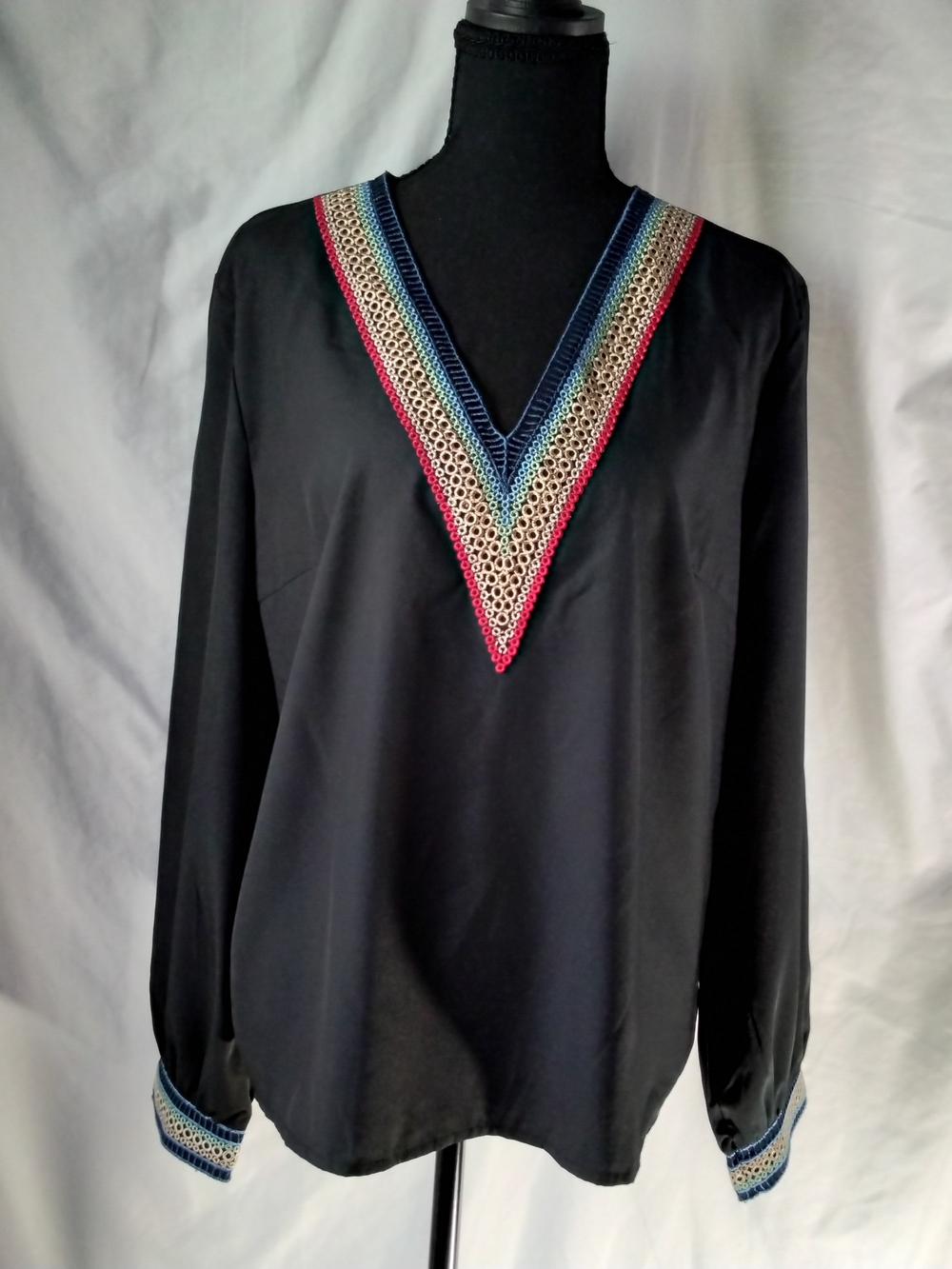 V-Neck Black Embroidered Long-Sleeve Top